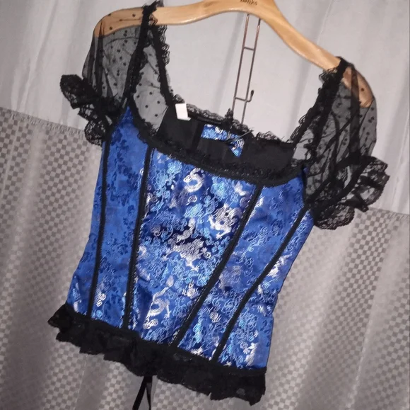 blue and black corset with zip up back closure lace puff sleeve with dot details - Picture 6 of 7